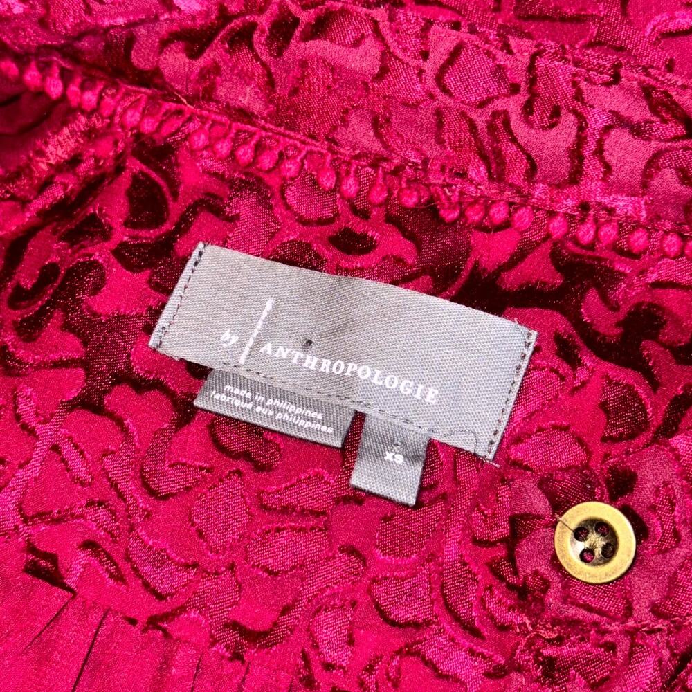 Anthropologie Velvet Jacquard Burnout Blouse Top Womens XS Burgundy Button Front - Picture 4 of 9